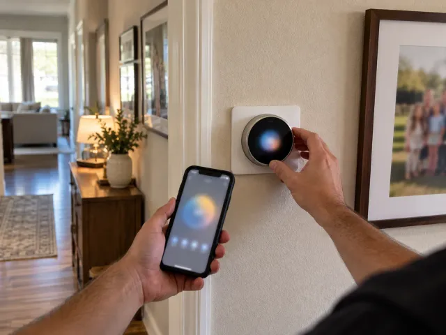 Smart thermostat on a hallway wall being set up alongside its phone app