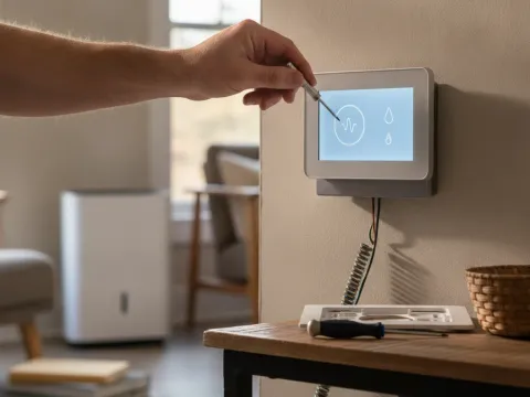 Hand installing smart thermostat on living room wall in Aubrey home
