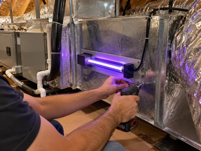 Technician mounting a UV air purifier lamp on the ductwork next to an attic air handler