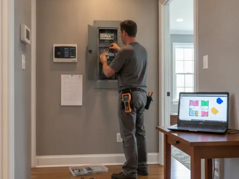 Technician wiring zoned AC control panel inside Aubrey home hallway